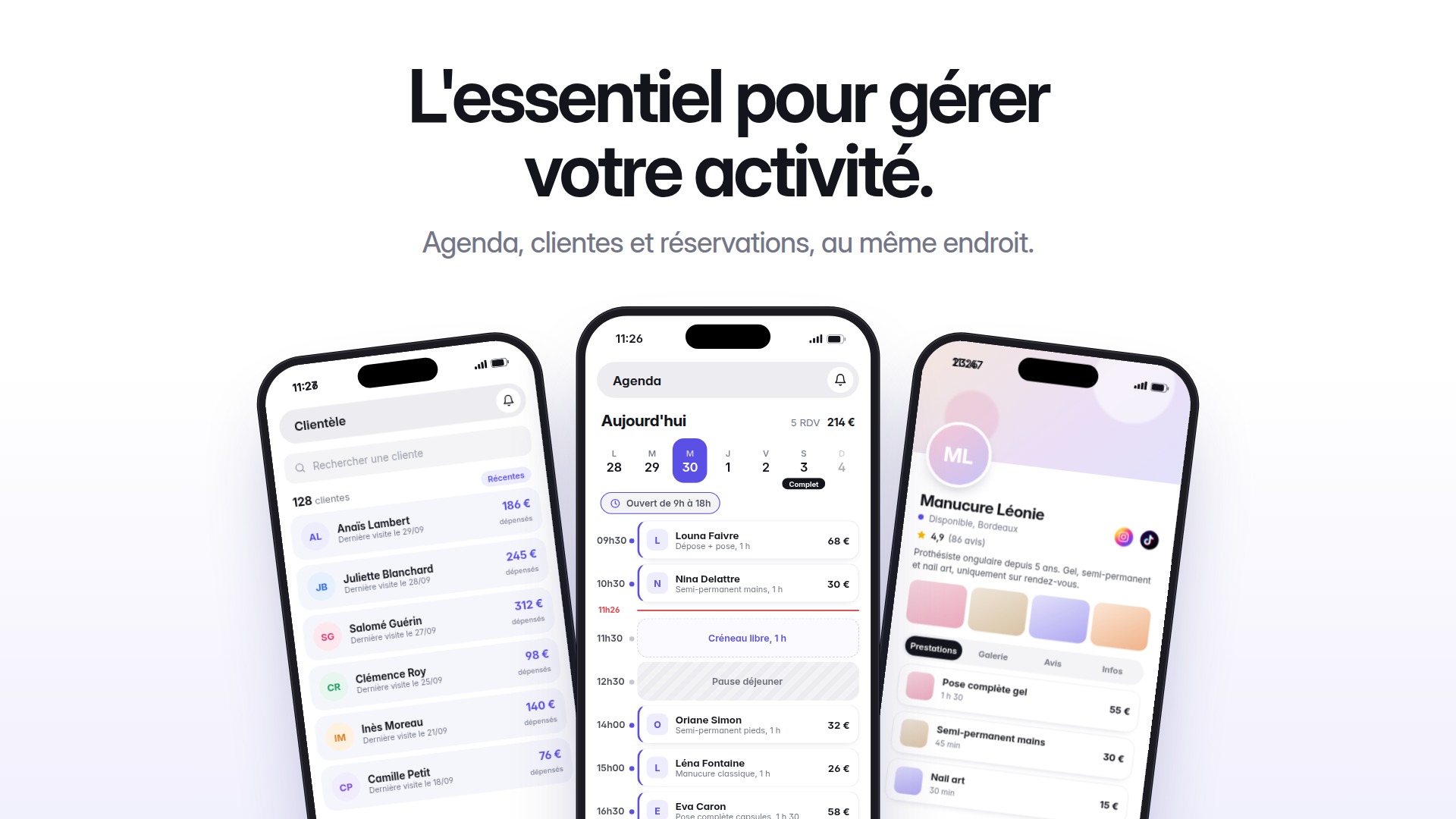 ClientBase : l'essentiel pour gérer votre activité. Agenda, clientes et réservations, au même endroit.